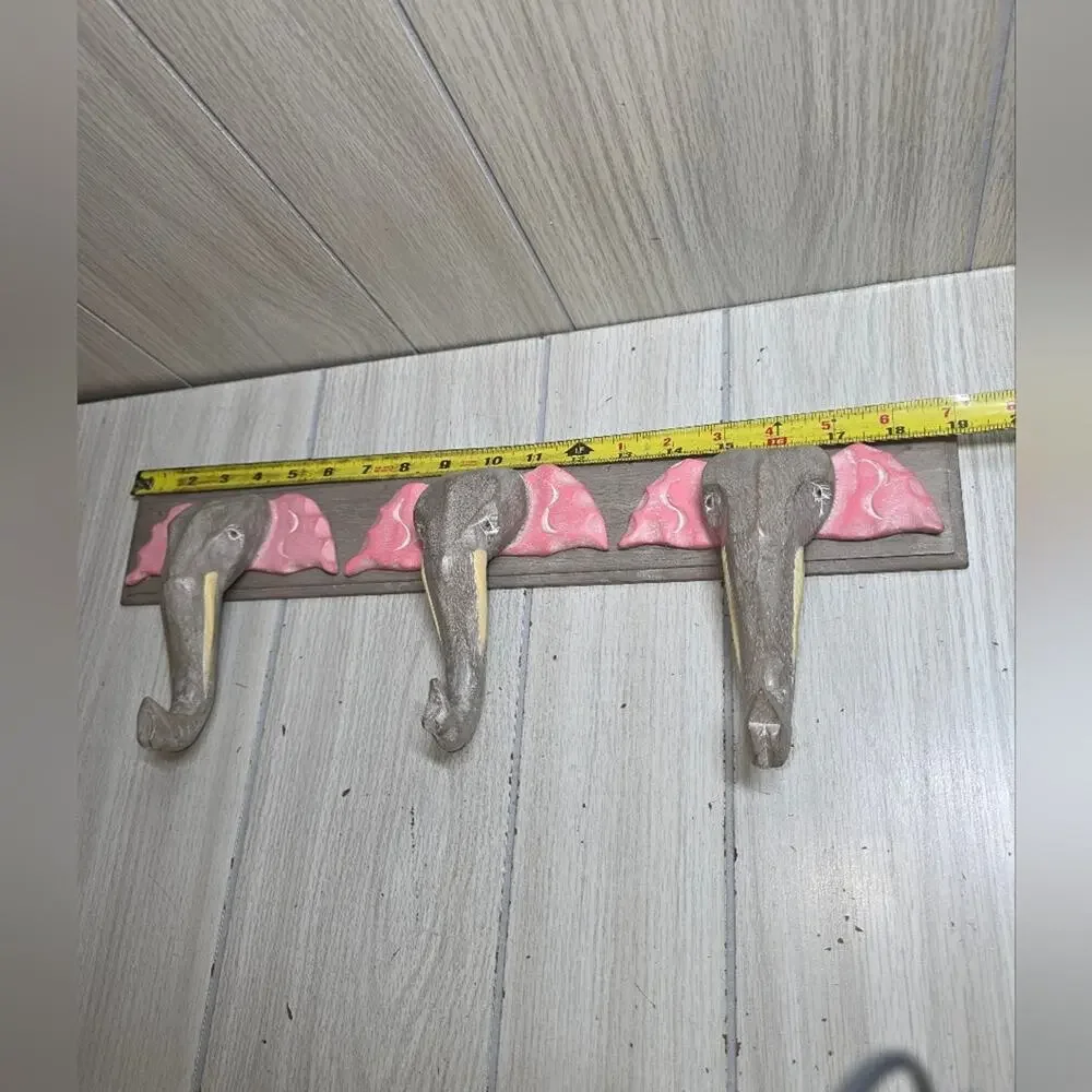 Vtg Pier 1 Carved Wooded Elephant Wall Hook Coat/Hat Rack Nursery Kids Room